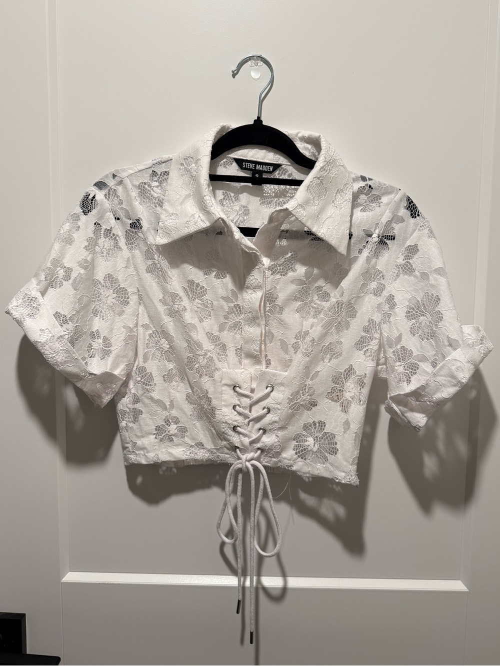 Steve Madden White Lace Crochet Lace-Up Crop Shirt